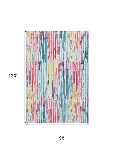 8' X 10' White Pink And Teal Striped Washable Area Rug With UV Protection