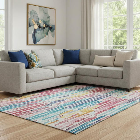 8' X 10' White Pink And Teal Striped Washable Area Rug With UV Protection