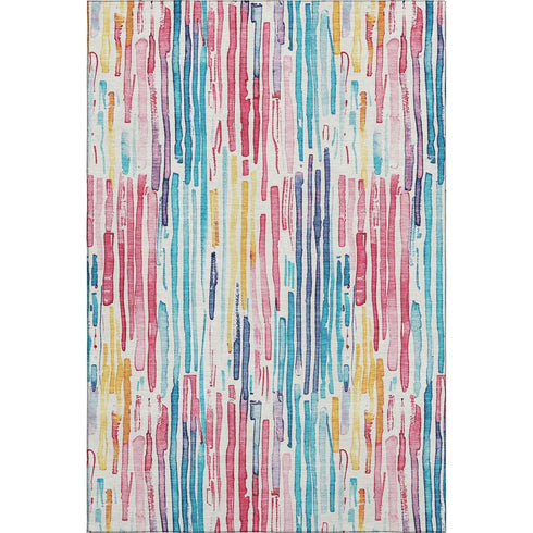 8' X 10' White Pink And Teal Striped Washable Area Rug With UV Protection