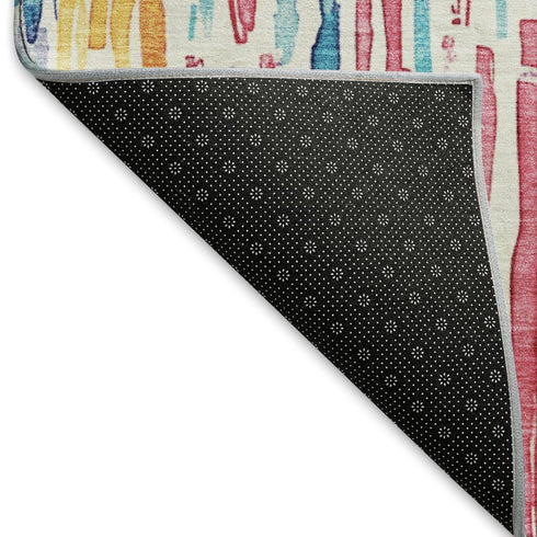 8' X 10' White Pink And Teal Striped Washable Area Rug With UV Protection