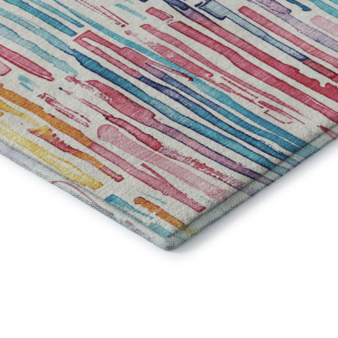 8' X 10' White Pink And Teal Striped Washable Area Rug With UV Protection