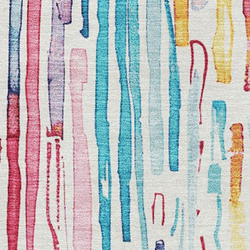 8' X 10' White Pink And Teal Striped Washable Area Rug With UV Protection