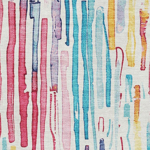 8' X 10' White Pink And Teal Striped Washable Area Rug With UV Protection