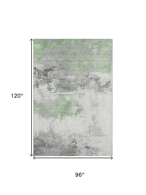 8' X 10' Artichoke Green Gray And Ivory Abstract Washable Area Rug With UV Protection