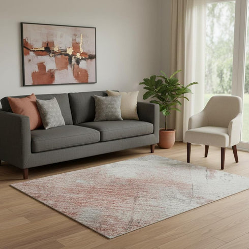 5' X 8' Coral Gray And Ivory Abstract Washable Area Rug With UV Protection