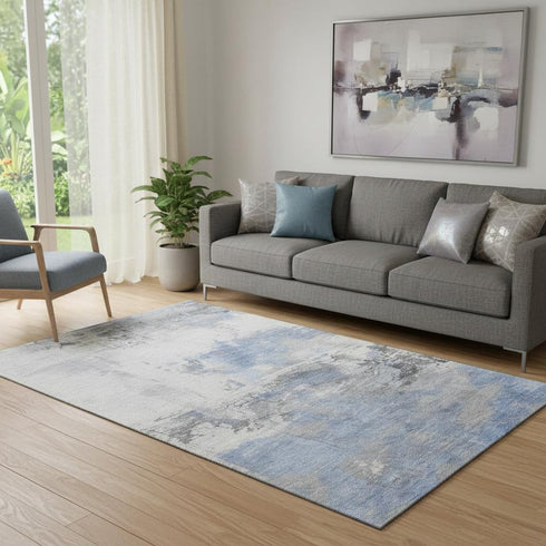 5' X 8' Denim Blue Gray And Ivory Abstract Washable Area Rug With UV Protection