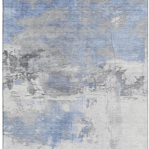 5' X 8' Denim Blue Gray And Ivory Abstract Washable Area Rug With UV Protection
