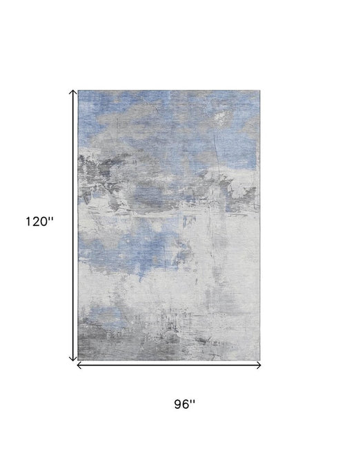 8' X 10' Denim Blue Gray And Ivory Abstract Washable Area Rug With UV Protection