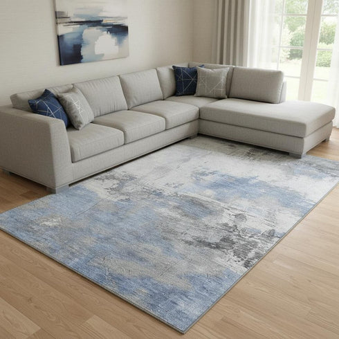 8' X 10' Denim Blue Gray And Ivory Abstract Washable Area Rug With UV Protection