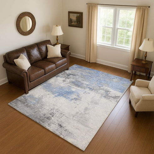 8' X 10' Denim Blue Gray And Ivory Abstract Washable Area Rug With UV Protection