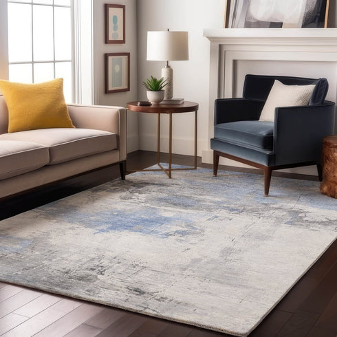 8' X 10' Denim Blue Gray And Ivory Abstract Washable Area Rug With UV Protection