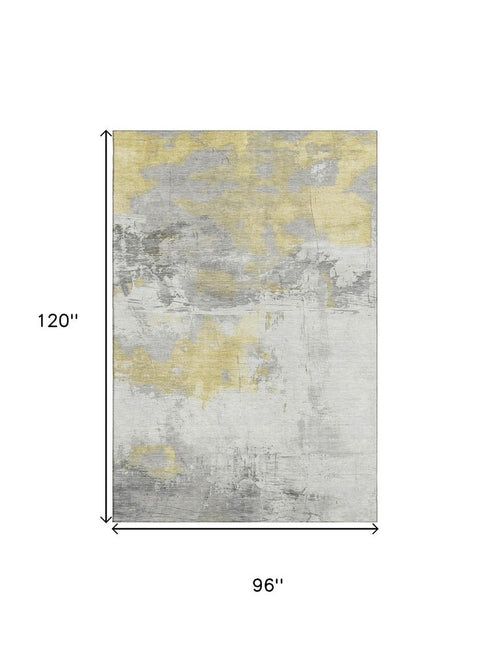 8' X 10' Gold Gray And Ivory Abstract Washable Area Rug With UV Protection