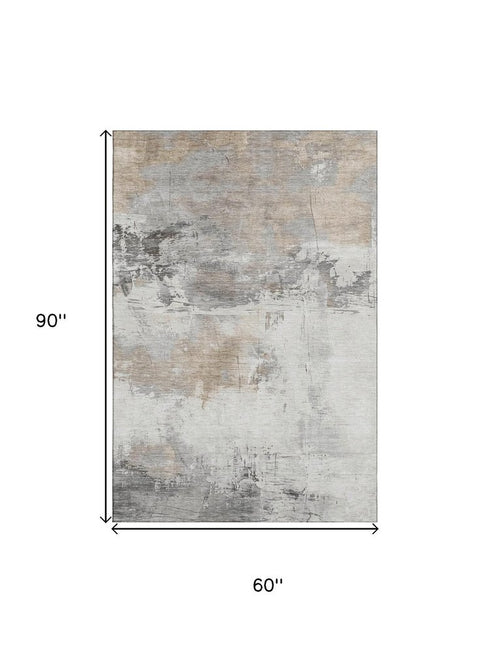 5' X 8' Ivory Gray And Beige Abstract Washable Area Rug With UV Protection