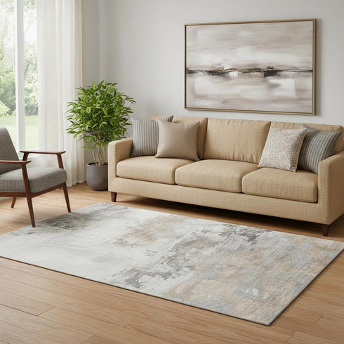 5' X 8' Ivory Gray And Beige Abstract Washable Area Rug With UV Protection