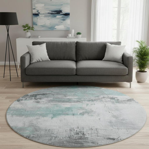 8' Teal Gray And Ivory Abstract Washable Round Rug With UV Protection