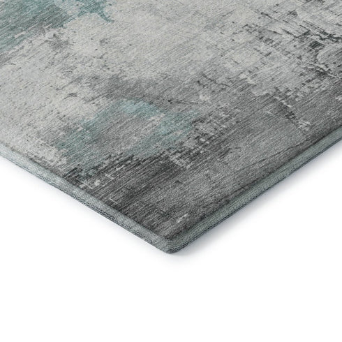 8' Teal Gray And Ivory Abstract Washable Round Rug With UV Protection