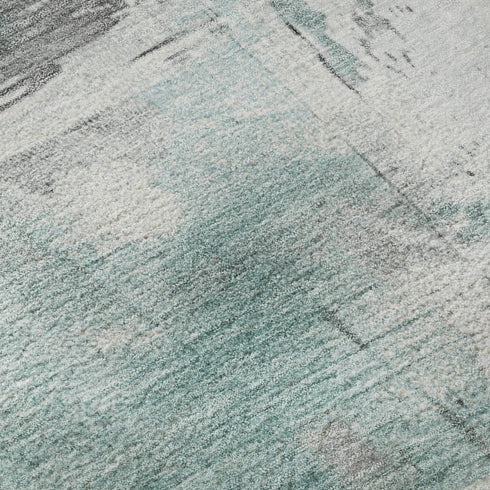 8' Teal Gray And Ivory Abstract Washable Round Rug With UV Protection