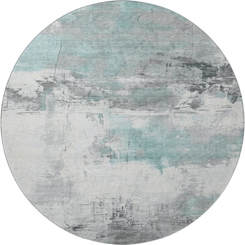 8' Teal Gray And Ivory Abstract Washable Round Rug With UV Protection