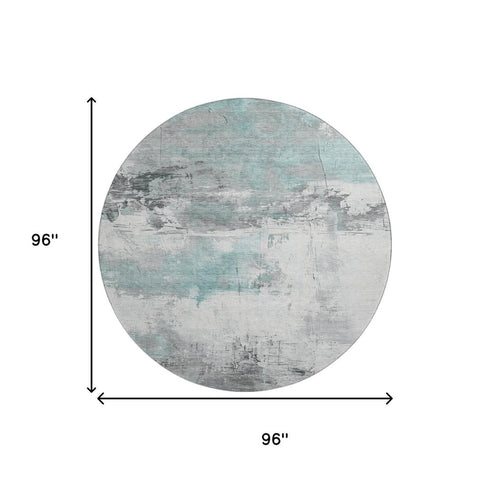 8' Teal Gray And Ivory Abstract Washable Round Rug With UV Protection