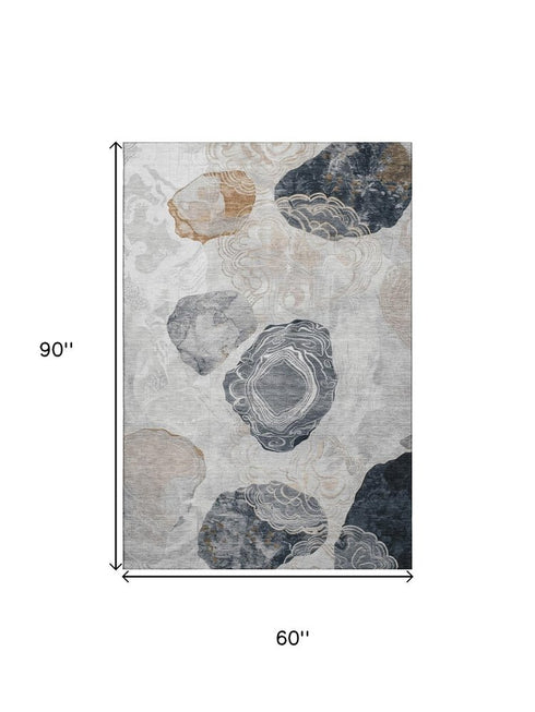 5' X 8' Gray Charcoal And Beige Geometric Washable Area Rug With UV Protection