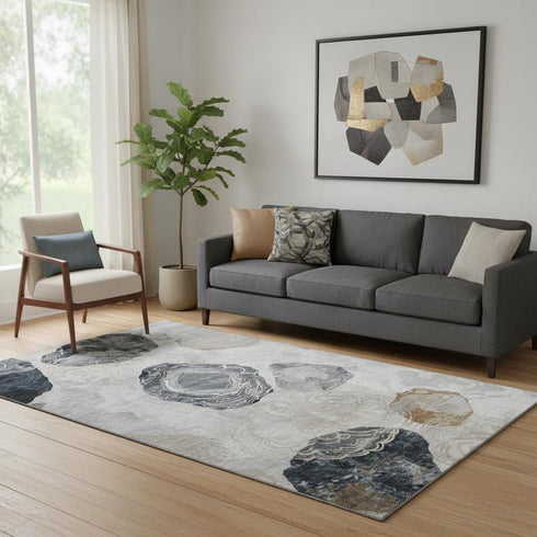 5' X 8' Gray Charcoal And Beige Geometric Washable Area Rug With UV Protection