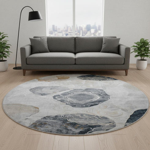 8' Gray Charcoal And Beige Geometric Washable Round Rug With UV Protection