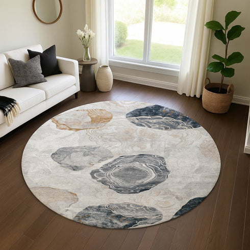 8' Gray Charcoal And Beige Geometric Washable Round Rug With UV Protection
