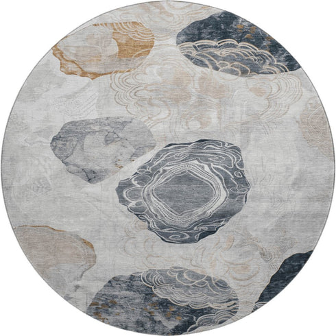 8' Gray Charcoal And Beige Geometric Washable Round Rug With UV Protection