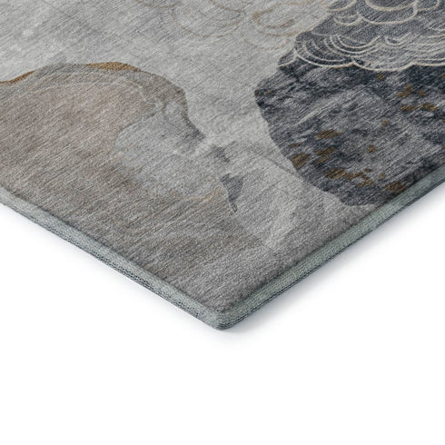 8' Gray Charcoal And Beige Geometric Washable Round Rug With UV Protection