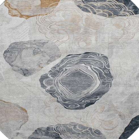 8' Gray Charcoal And Beige Geometric Washable Round Rug With UV Protection