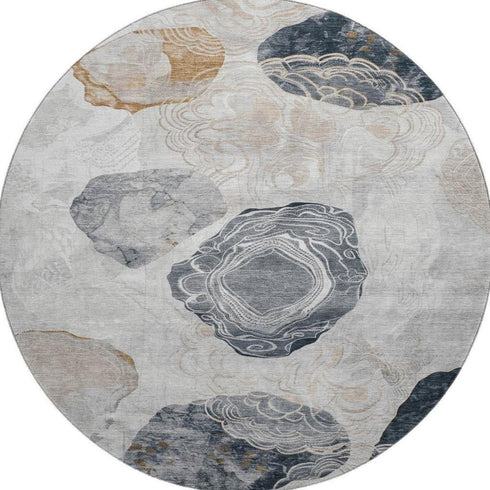 8' Gray Charcoal And Beige Geometric Washable Round Rug With UV Protection