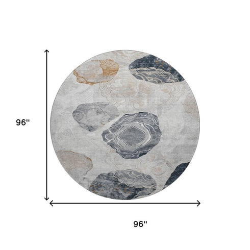8' Gray Charcoal And Beige Geometric Washable Round Rug With UV Protection
