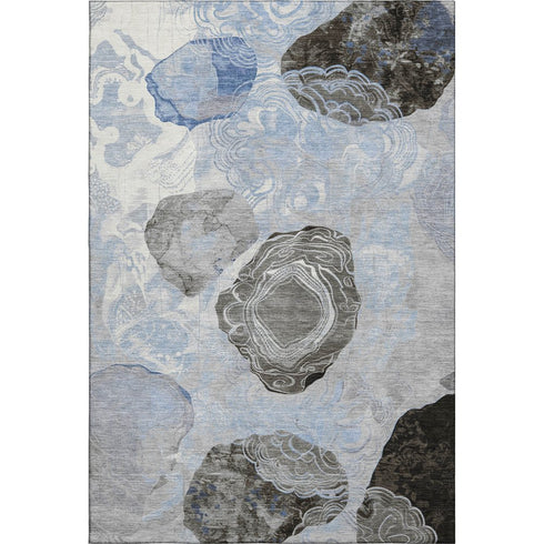 5' X 8' Sky Blue Charcoal And Ivory Geometric Washable Area Rug With UV Protection