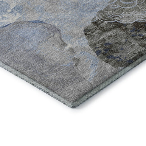 5' X 8' Sky Blue Charcoal And Ivory Geometric Washable Area Rug With UV Protection