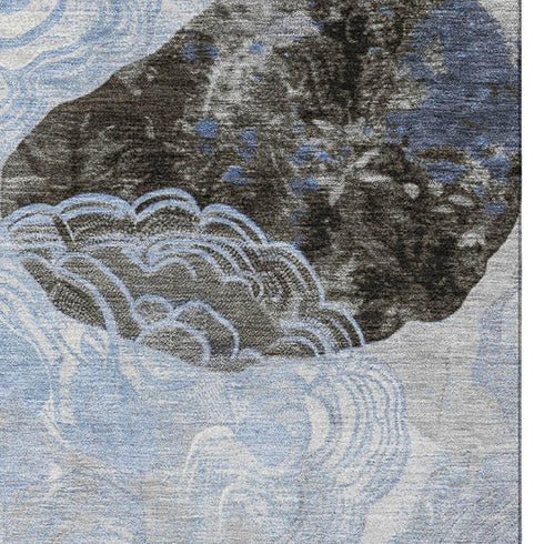5' X 8' Sky Blue Charcoal And Ivory Geometric Washable Area Rug With UV Protection