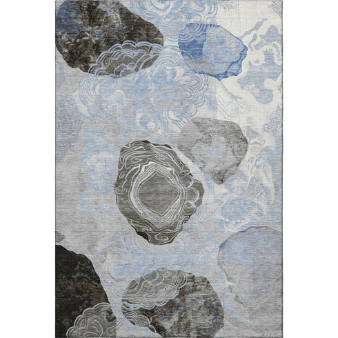 5' X 8' Sky Blue Charcoal And Ivory Geometric Washable Area Rug With UV Protection
