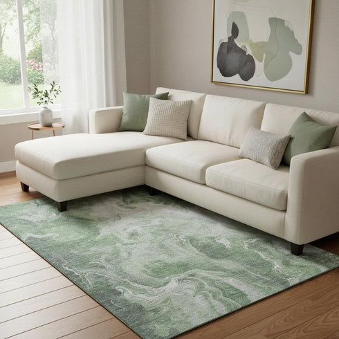 8' X 10' Green Gray And Ivory Abstract Washable Area Rug With UV Protection