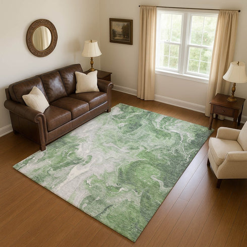 8' X 10' Green Gray And Ivory Abstract Washable Area Rug With UV Protection