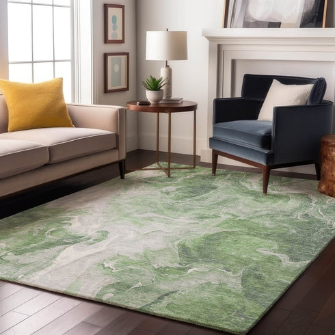8' X 10' Green Gray And Ivory Abstract Washable Area Rug With UV Protection