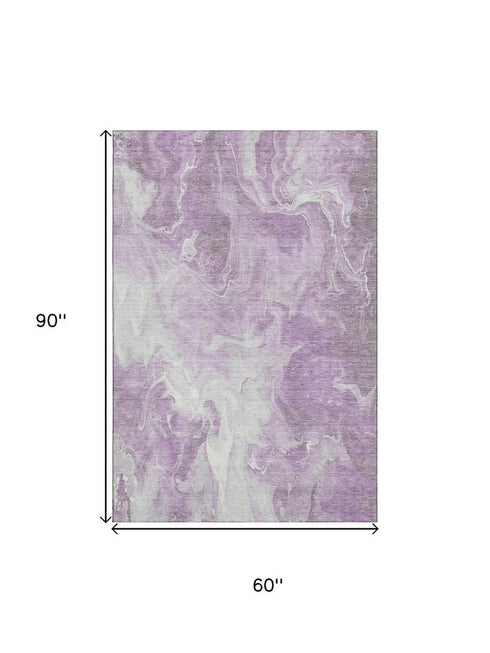 5' X 8' Lavender And Ivory Abstract Washable Area Rug With UV Protection