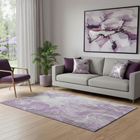 5' X 8' Lavender And Ivory Abstract Washable Area Rug With UV Protection