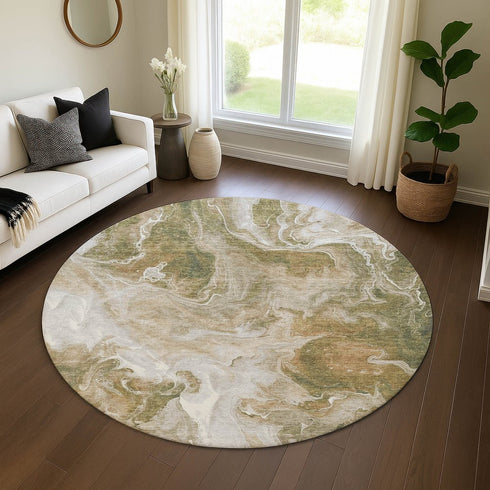 8' Coffee Copper And Silver Abstract Washable Round Rug With UV Protection