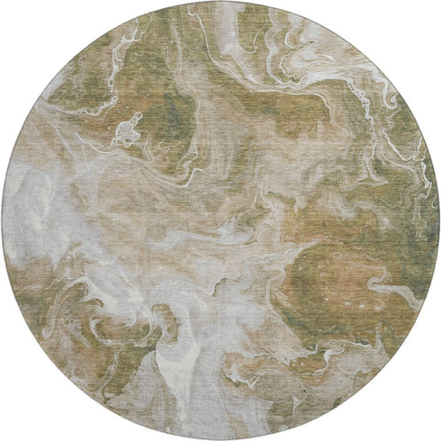 8' Coffee Copper And Silver Abstract Washable Round Rug With UV Protection