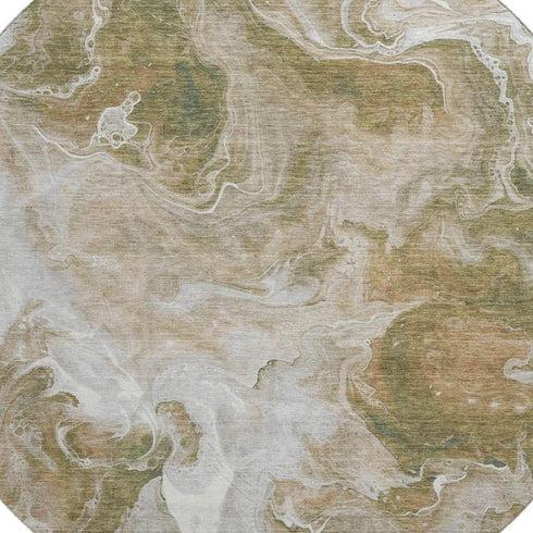 8' Coffee Copper And Silver Abstract Washable Round Rug With UV Protection