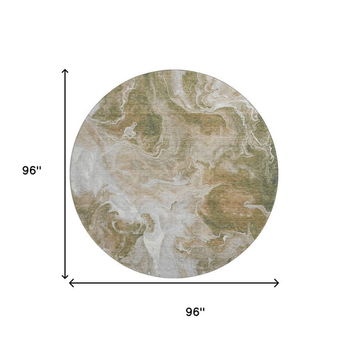 8' Coffee Copper And Silver Abstract Washable Round Rug With UV Protection