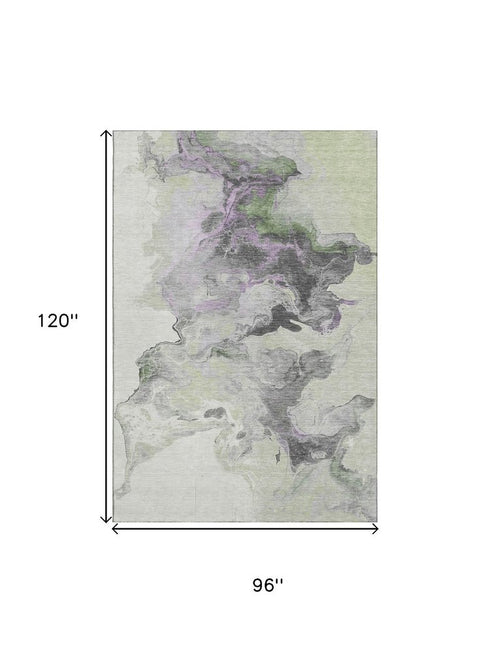 8' X 10' Artichoke Green Gray And Ivory Abstract Washable Area Rug With UV Protection