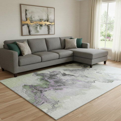 8' X 10' Artichoke Green Gray And Ivory Abstract Washable Area Rug With UV Protection
