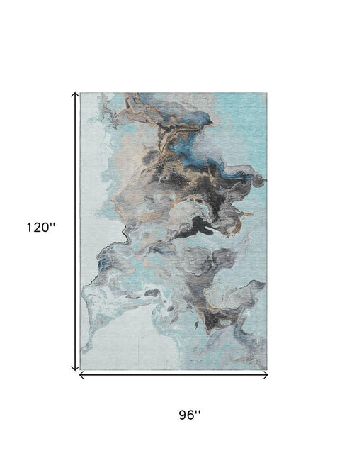 8' X 10' Teal Silver And Beige Abstract Washable Area Rug With UV Protection