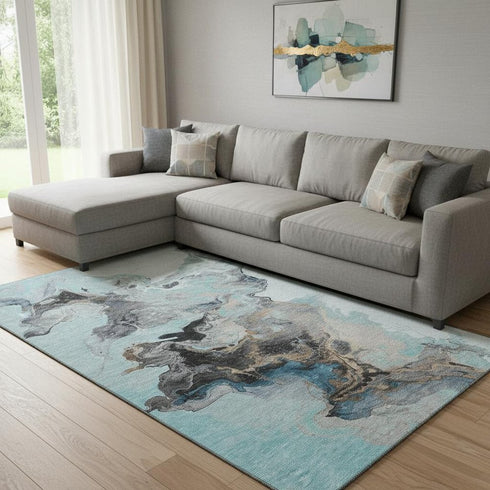 8' X 10' Teal Silver And Beige Abstract Washable Area Rug With UV Protection