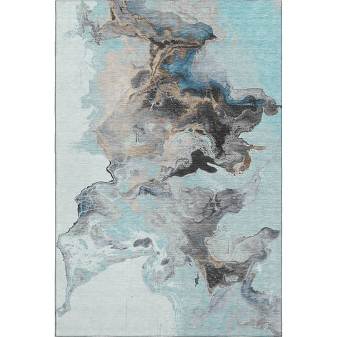 8' X 10' Teal Silver And Beige Abstract Washable Area Rug With UV Protection